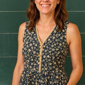 Vintage Eagles Eye Maxi Dress Women 14 Blue Floral Sleeveless Linen Blend Jumper